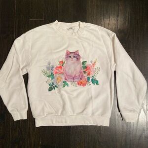 Monki White Floral Cat Crewneck Sweatshirt